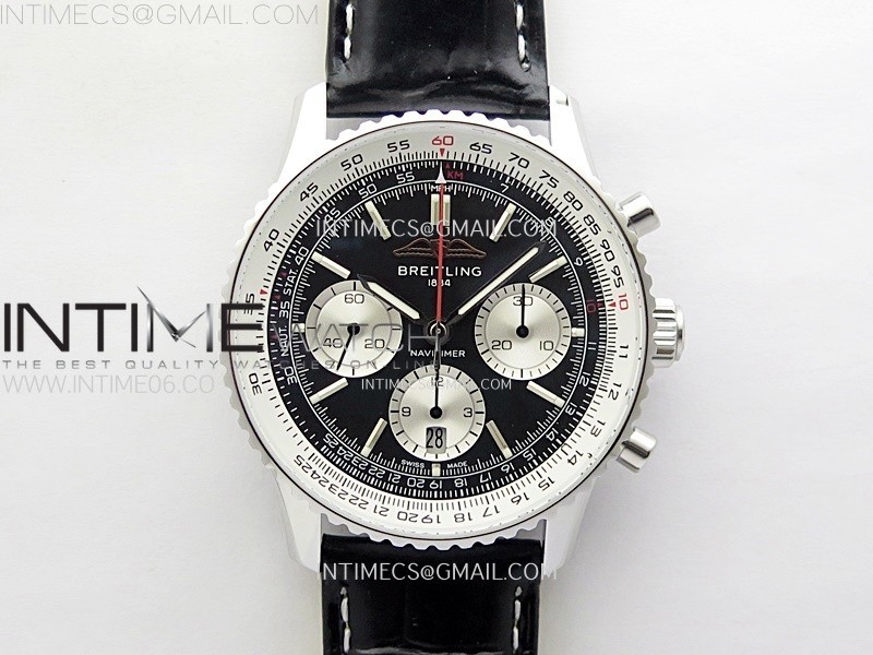 NAVITIMER B01 43MM SS B50 BEST EDITION BLACK DIAL WHITE SUBDIAL ON BLACK LEATHER STRAP A7750