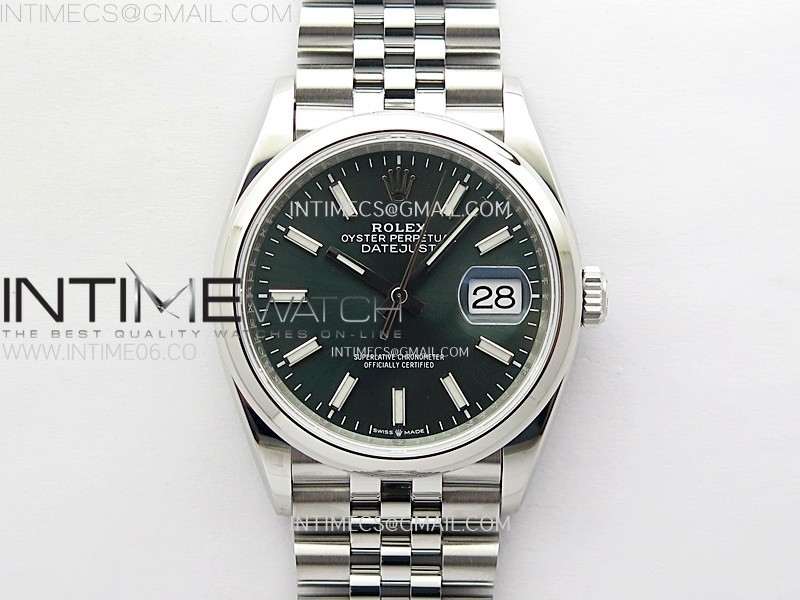 DateJust 36 SS 126200 904L Steel VSF 11 Best Edition Green Dial Sticks Markers on Jubilee Bracelet VS3235