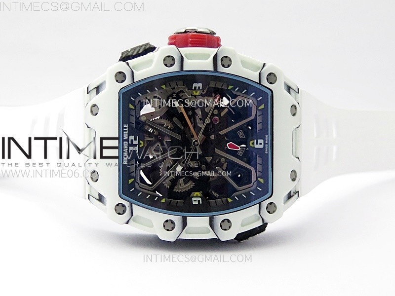 RM035-03 White CarbonRed Crown Z Factory Skeleton Dial on White Rubber Strap Asian Skeleton movement