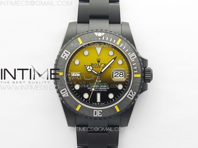 Submariner DIW Carbon Bezel VSF 11 Best Edition Yellow Dial on DLC Bracelet VS3135 (Free Rubber Straps)