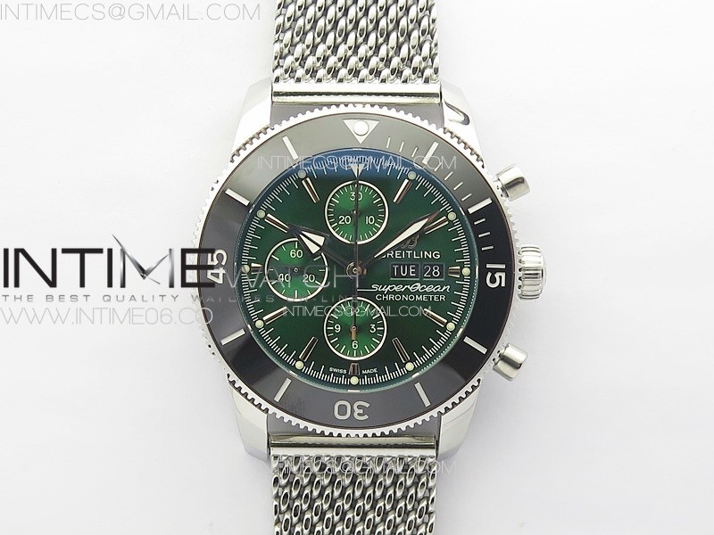 SUPEROCEAN 46MM BLACK CERAMIC BEZEL B50 BEST EDITION GREEN DIAL GREEN SUBDIALS ON SS BRACELET A7750