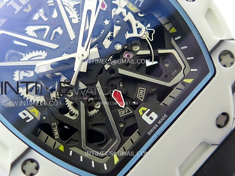 RM035-03 White CarbonBlue Crown Z Factory Skeleton Dial on Black Rubber Strap Asian Skeleton movement