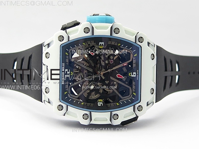 RM035-03 White CarbonBlue Crown Z Factory Skeleton Dial on Black Rubber Strap Asian Skeleton movement