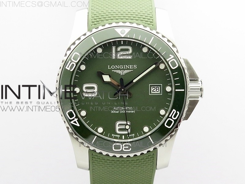 CONQUEST L3.840.4.56.6 REAL CERAMIC BEZEL SS ZF 11 BEST EDITION GREEN DIAL ON GREEN RUBBER STRAP A2824