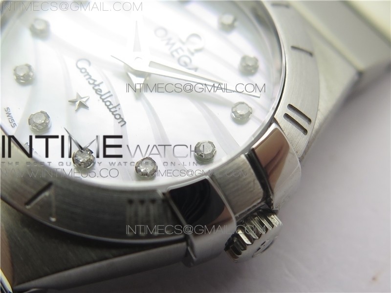 CONSTELLATION LADIES 27MM K11F 11 BEST EDITION SS WHITE MOP TEXTURED DIAL DIAMONDS MARKERS ON SS BRACELET ETA QUARTZ