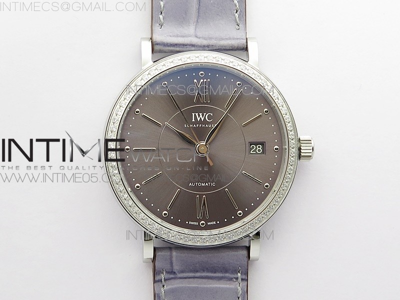 PORTOFINO 37MM SS DIAMOND BEZEL V7F 11 BEST EDITION GRAY DIAL ON GRAY LEATHER STRAP A2892