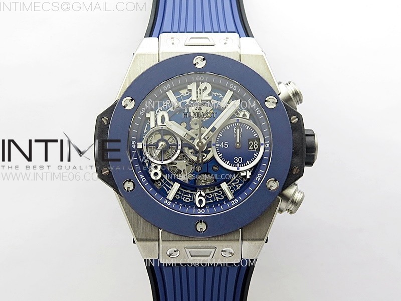 HUBLOT BIG BANG UNICO 42MM TITANIUMCERAMIC BEZEL BBF 11 BEST EDITION BLUE SKELETON DIAL ON BLUE RUBBER STRAP A1280