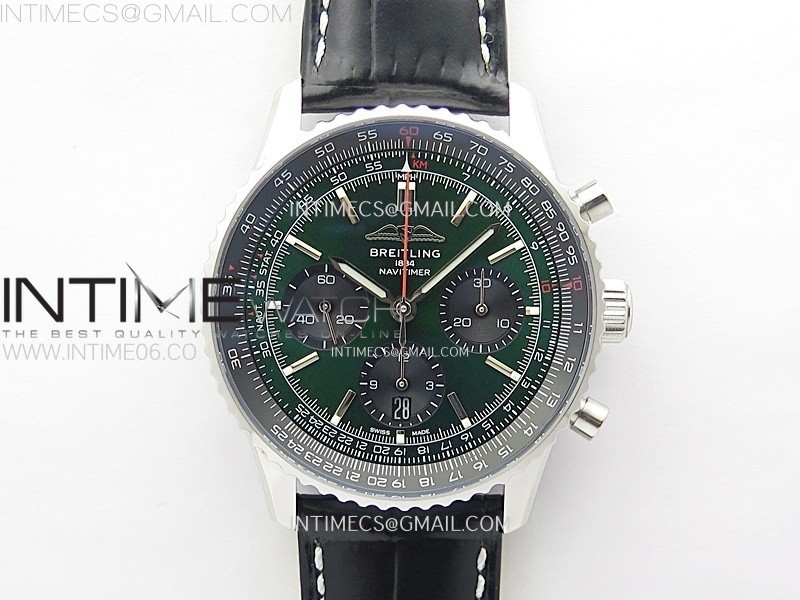 NAVITIMER B01 43MM SS BLSF 11 BEST EDITION GREEN DIAL ON BLACK LEATHER STRAP A7750