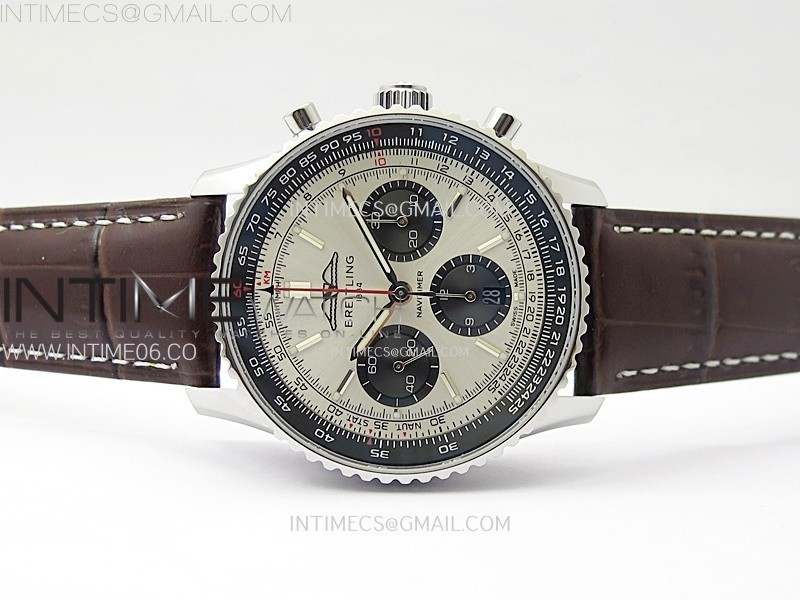 NAVITIMER B01 43MM SS B50 BEST EDITION SILVER DIAL BLACK SUBDIAL ON BROWN LEATHER STRAP A7750