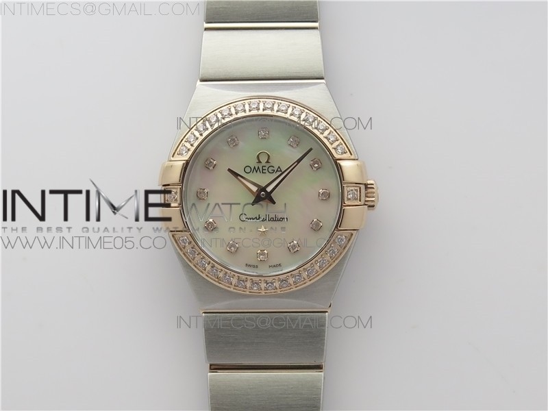 CONSTELLATION LADIES 27MM K11F 11 BEST EDITION SSRG DIAMONDS BEZEL WHITE MOP DIAL STICK MARKERS ON SSRG BRACELET ETA QUARTZ