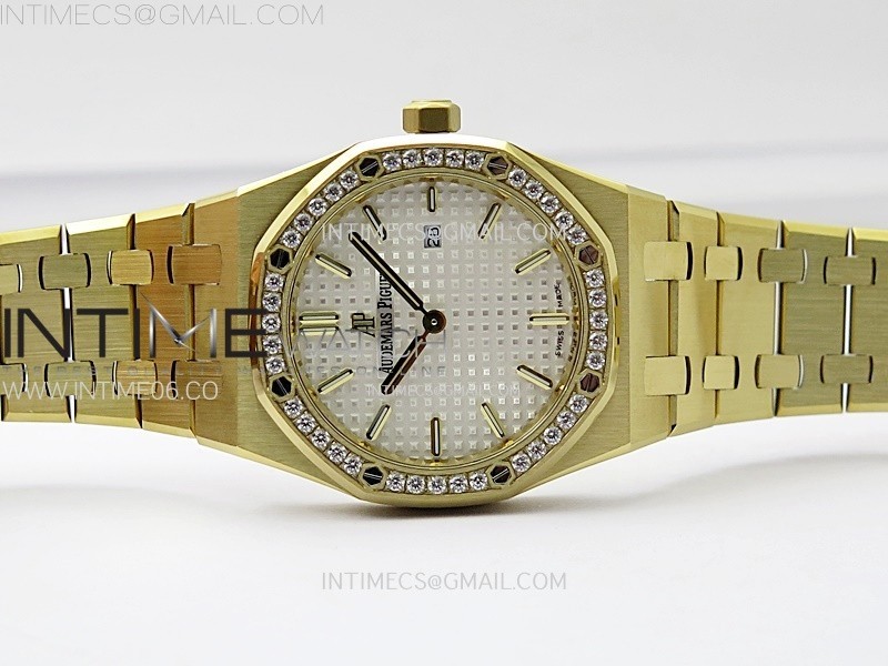 Lady Royal Oak 33mm 67651 Diamonds Bezel YG ZF 11 Best Edition White Textured Dial on YG Bracelet RONDA Quartz