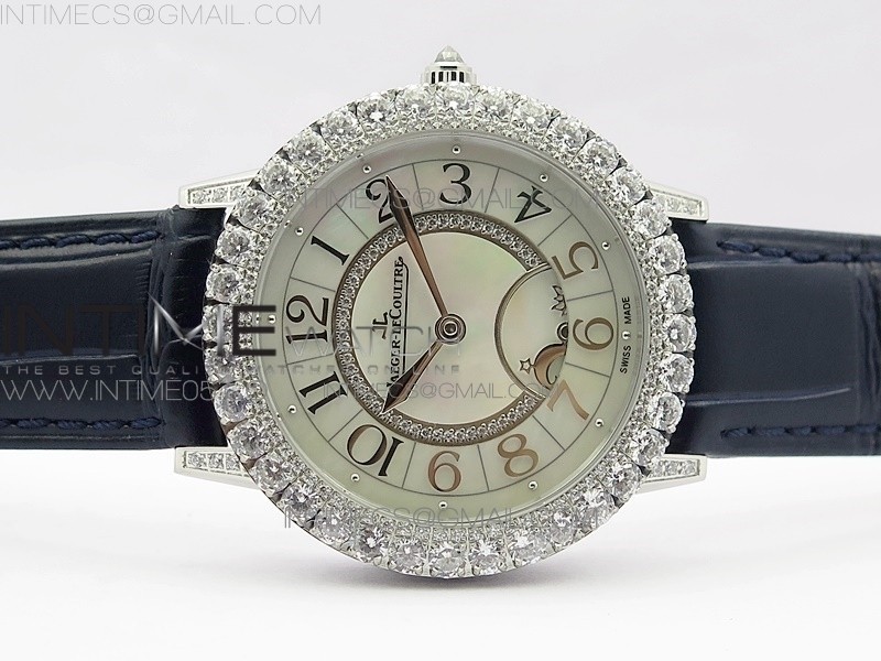 RENDEZ-VOUS NIGHT & DAY SS DIAMONDS BEZEL ZF 11 BEST EDITION WHITE MOP DIAL ON BLACK LEATHER STRAP A898