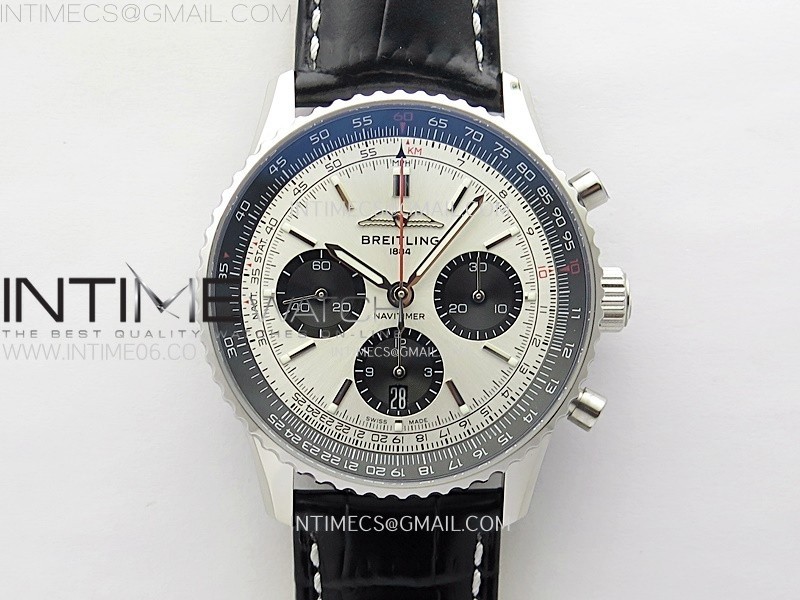 NAVITIMER B01 43MM SS BLSF 11 BEST EDITION SILVER DIAL BLACK SUBDIALS ON BLACK LEATHER STRAP A7750