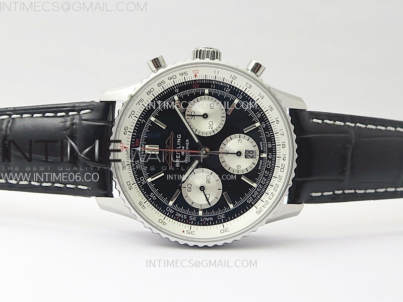 NAVITIMER B01 43MM SS BLSF 11 BEST EDITION BLACK DIAL SILVER SUBDIALS ON BLACK LEATHER STRAP A7750