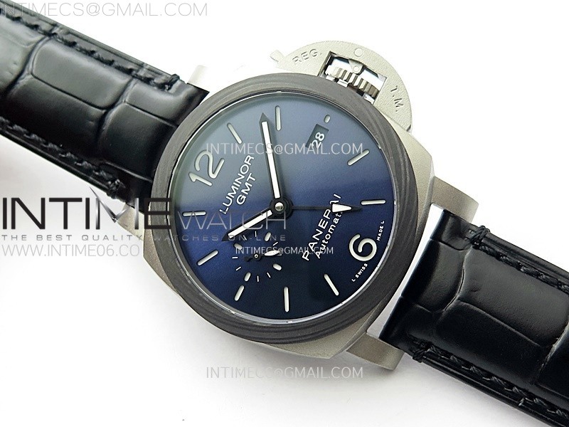 PAM1279 X LUMINOR GMT 42MM TITANIUM VSF 11 BEST EDITION BLUE DIAL ON BLACK LEATHER STRAP P.9011 SUPER CLONE