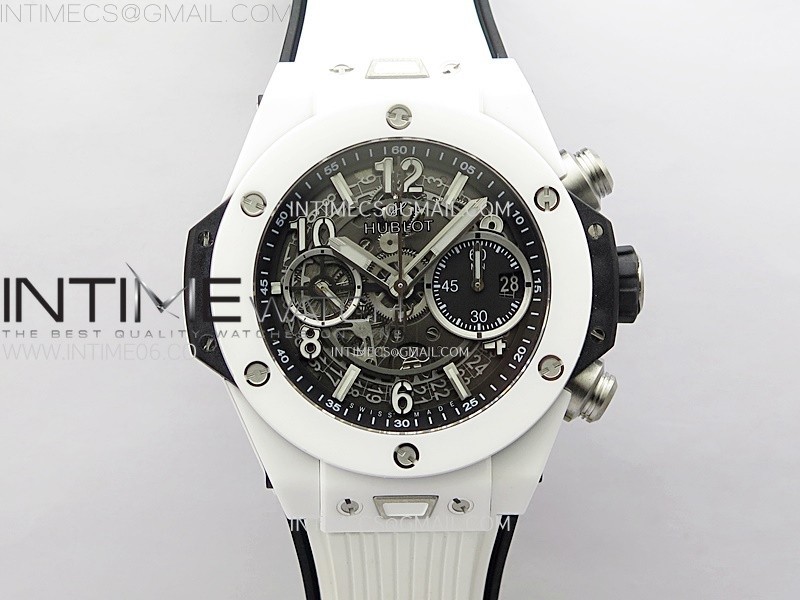 HUBLOT BIG BANG UNICO 42MM REAL WHITE CERAMIC BBF 11 BEST EDITION BLACK SKELETON DIAL ON WHITE RUBBER STRAP A1280