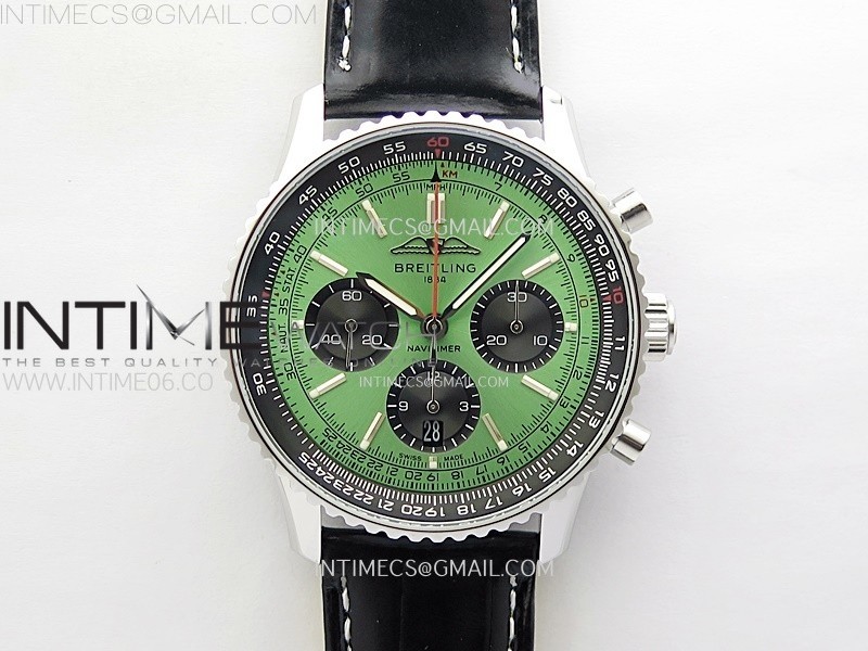 NAVITIMER B01 43MM SS B50 BEST EDITION GREEN DIAL BLACK SUBDIAL ON BLACK LEATHER STRAP A7750