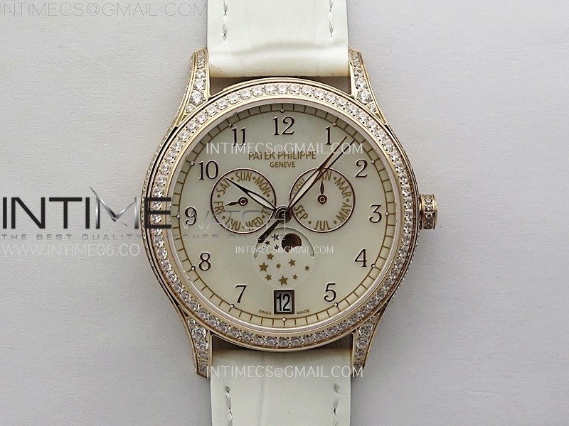 ANNUAL CALENDAR 4947R FULL PAVED DIAMONDS N1F BEST EDITION WHITE MOP DIAL ON WHITE LEATHER STRAP A324