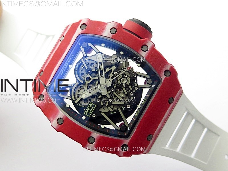 RM035-02 Real Red NTPT Carbon ZF 11 Best Edition Skeleton Dial on White Rubber Strap V5