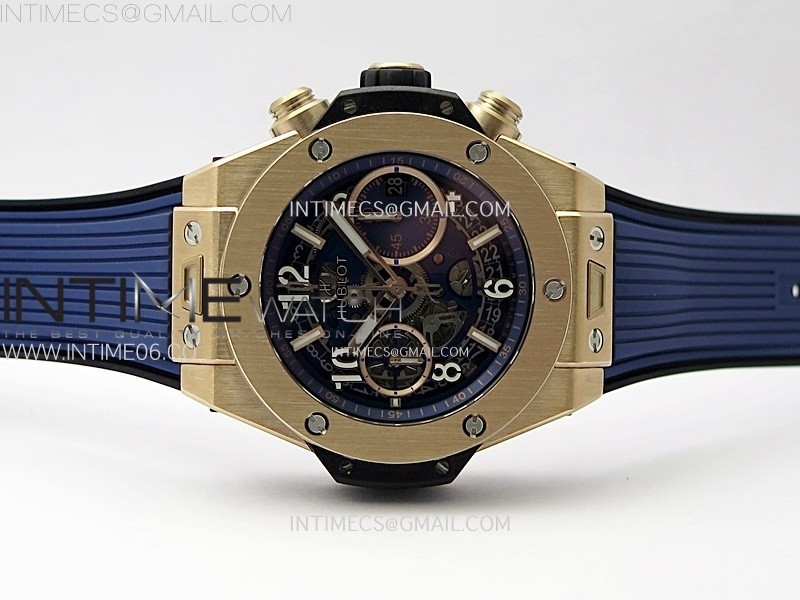 HUBLOT BIG BANG UNICO 42MM RG BBF 11 BEST EDITION BLUE SKELETON DIAL ON BLUE RUBBER STRAP A1280