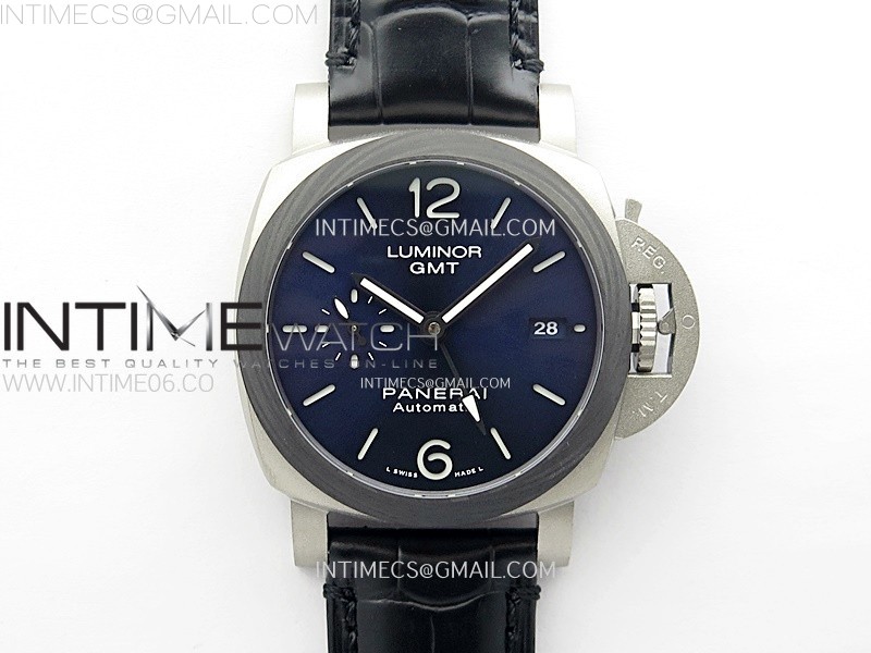 PAM1279 X LUMINOR GMT 42MM TITANIUM VSF 11 BEST EDITION BLUE DIAL ON BLACK LEATHER STRAP P.9011 SUPER CLONE