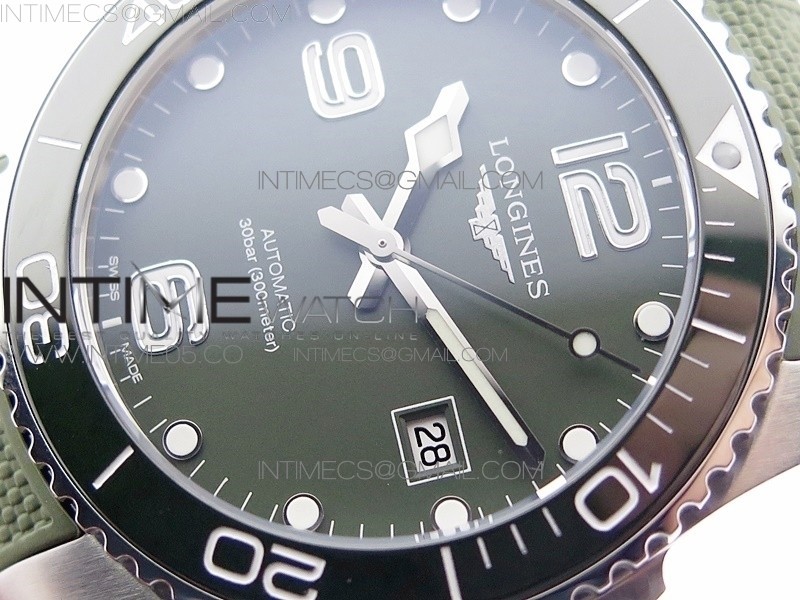 CONQUEST L3.840.4.56.6 REAL CERAMIC BEZEL SS ZF 11 BEST EDITION GREEN DIAL ON GREEN RUBBER STRAP A2824