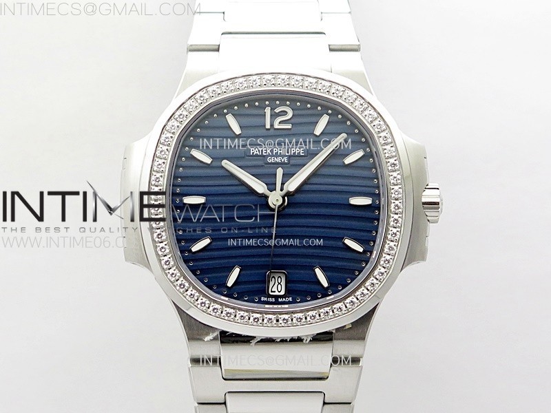 NAUTILUS 7118 NEW VERSION LADIES DIAMONDS BEZEL PPF 11 BEST EDITION BLUE DIAL ON SS BRACELET A324 SUPER CLONE