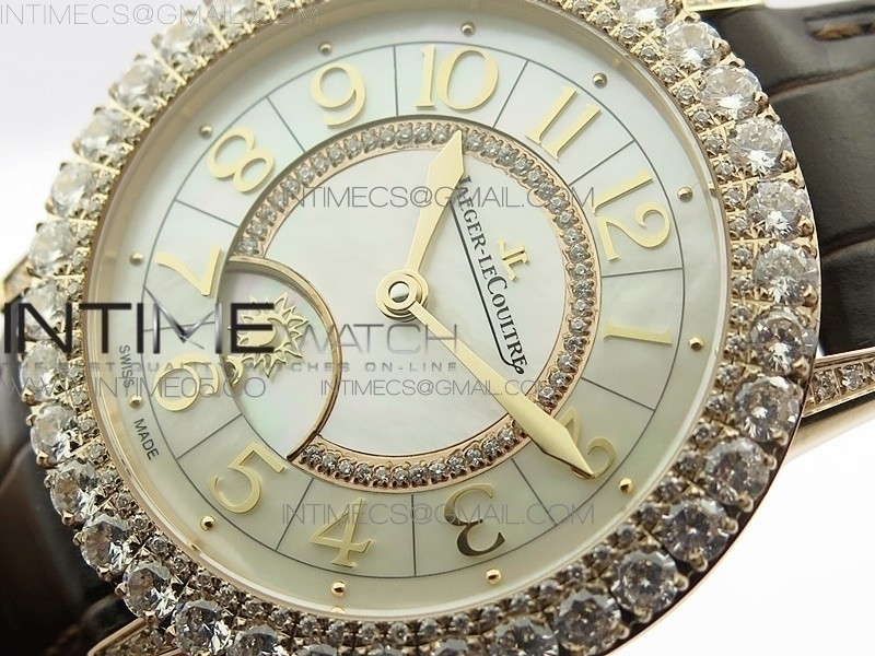 RENDEZ-VOUS NIGHT & DAY RG DIAMONDS BEZEL ZF 11 BEST EDITION WHITE MOP DIAL ON BLACK LEATHER STRAP A898