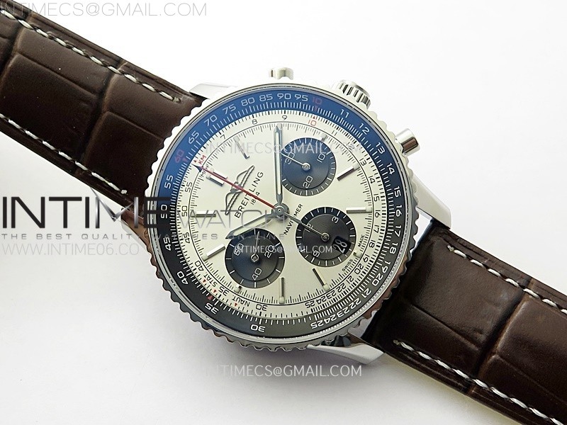 NAVITIMER B01 43MM SS B50 BEST EDITION SILVER DIAL BLACK SUBDIAL ON BROWN LEATHER STRAP A7750