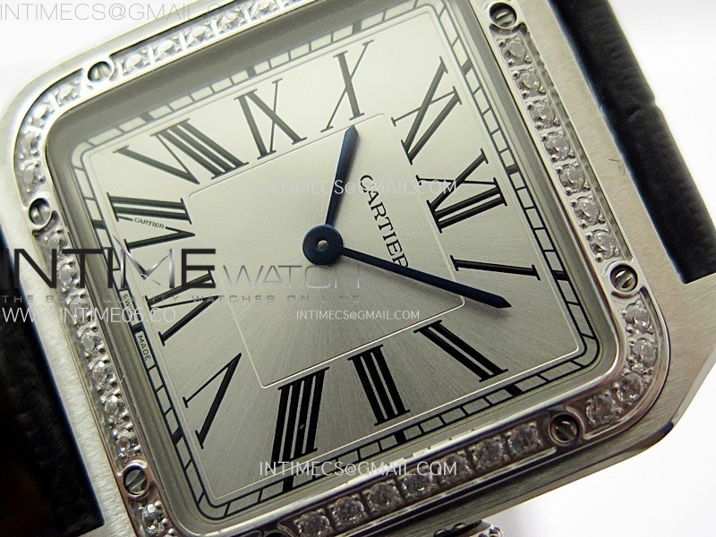 SANTOS DUMONT 43.5MM SSDIAMONDS BEZEL F1F BEST EDITION SILVER DIAL ON BLACK LEATHER STRAP QUARTZ