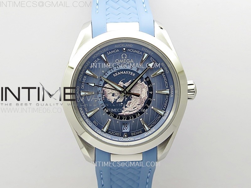 AQUA TERRA GMT WORLDTIMER 43MM VSF 11 BEST EDITION SUMMER BLUE DIAL ON BLUE RUBBER STRAP A8938 SUPER CLONE