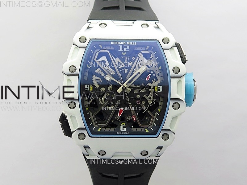 RM035-03 White CarbonBlue Crown Z Factory Skeleton Dial on Black Rubber Strap Asian Skeleton movement