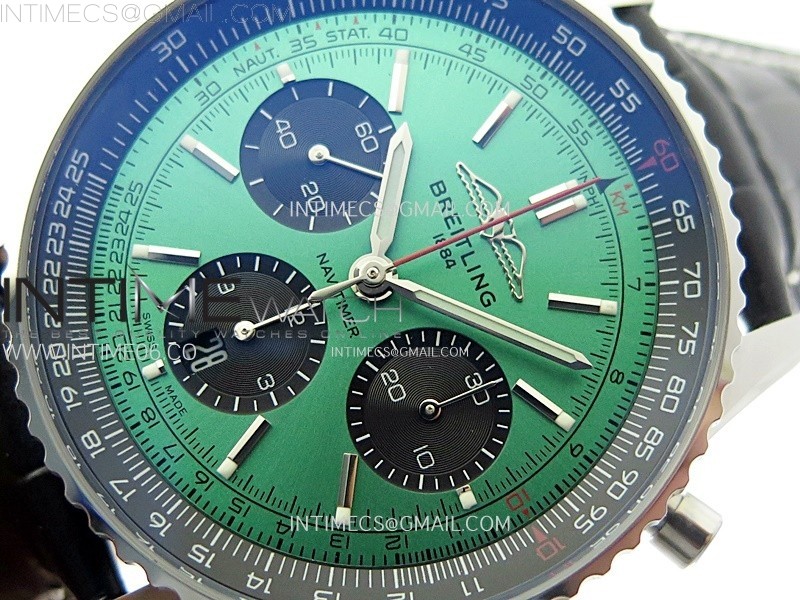 NAVITIMER B01 43MM SS BLSF 11 BEST EDITION GREEN DIAL BLACK SUBDIALS ON BLACK LEATHER STRAP A7750