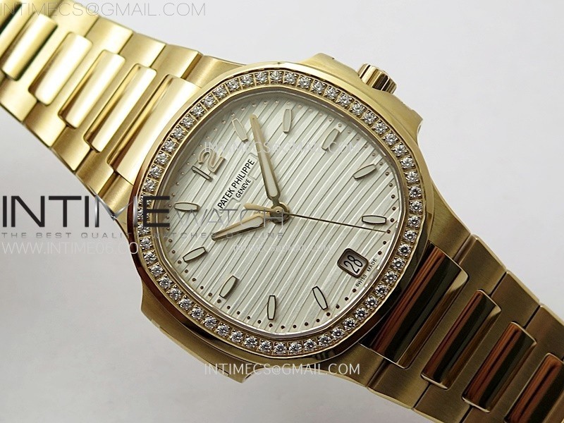 NAUTILUS 7118 NEW VERSION LADIES DIAMONDS BEZEL RG PPF 11 BEST EDITION WHITE DIAL ON RG BRACELET A324 SUPER CLONE