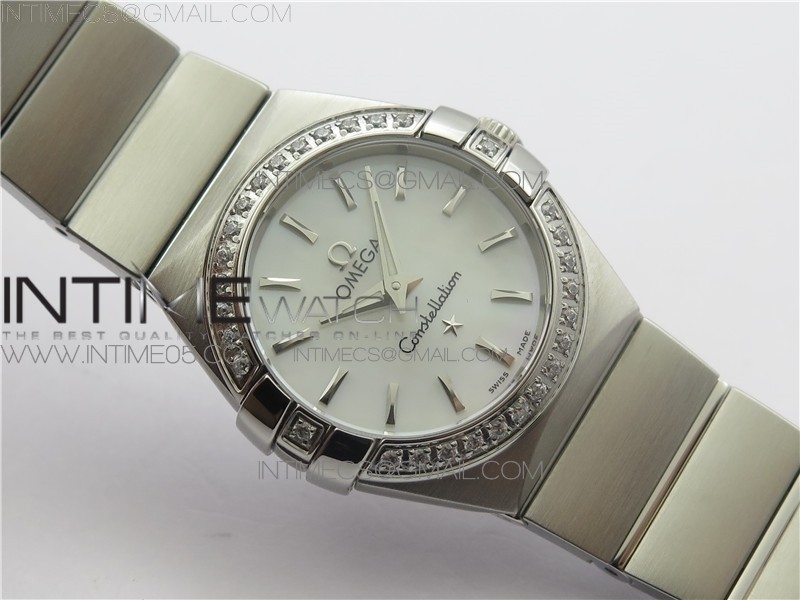 CONSTELLATION LADIES 27MM K11F 11 BEST EDITION SS DIAMONDS BEZEL WHITE MOP DIAL STICK MARKERS ON SS BRACELET ETA QUARTZ