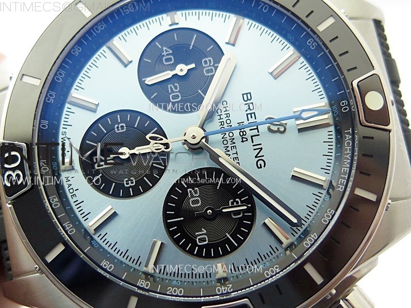 CHRONOMAT B01 44MM SS BLSF 11 BEST EDITION ICE BLUE DIAL ON BLACK RUBBER STRAP A7750 TO CAL.01