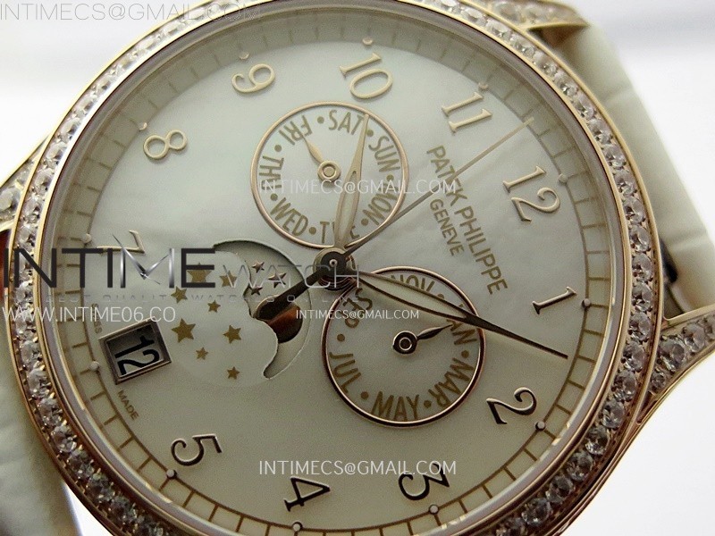 ANNUAL CALENDAR 4947R FULL PAVED DIAMONDS N1F BEST EDITION WHITE MOP DIAL ON WHITE LEATHER STRAP A324