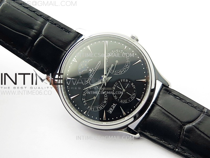 MASTER ULTRA THIN MOON 1368420 SS ZF 11 BEST EDITION BLACK DIAL ON BLACK LEATHER STRAP V3 SA925 SUPER CLONE