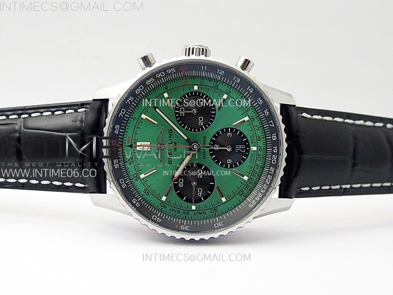 NAVITIMER B01 43MM SS BLSF 11 BEST EDITION GREEN DIAL BLACK SUBDIALS ON BLACK LEATHER STRAP A7750