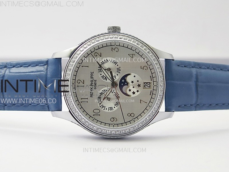 ANNUAL CALENDAR 4947G SSDIAMONDS BEZEL N1F BEST EDITION WHITE DIAL ON BLUE LEATHER STRAP A324