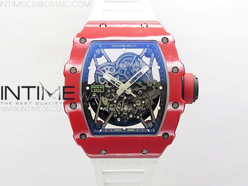 RM035-02 Real Red NTPT Carbon ZF 11 Best Edition Skeleton Dial on White Rubber Strap V5