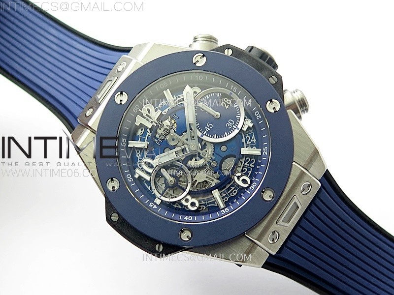 HUBLOT BIG BANG UNICO 42MM TITANIUMCERAMIC BEZEL BBF 11 BEST EDITION BLUE SKELETON DIAL ON BLUE RUBBER STRAP A1280