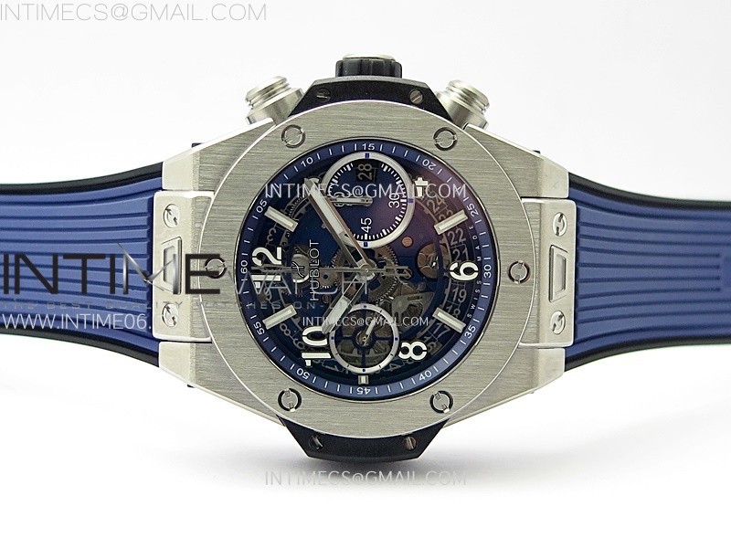 HUBLOT BIG BANG UNICO 42MM TITANIUM BBF 11 BEST EDITION BLUE SKELETON DIAL ON BLUE RUBBER STRAP A1280