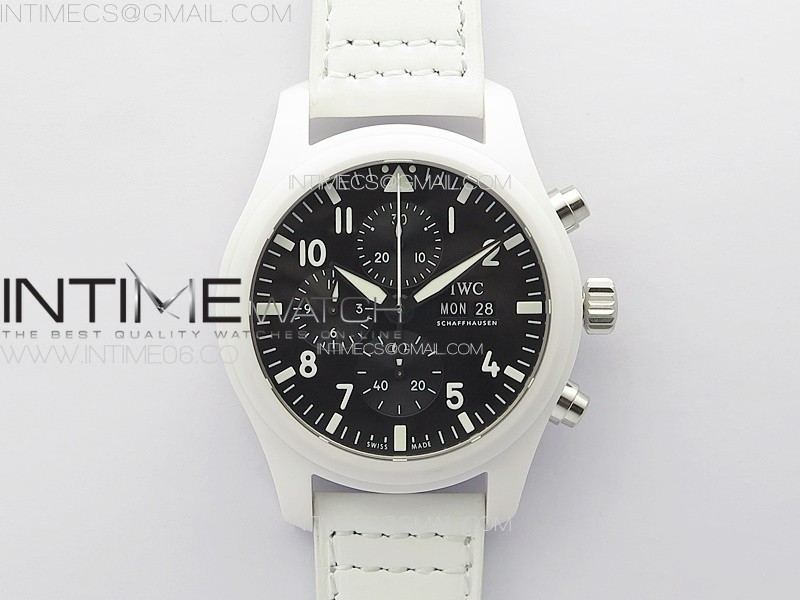 PILOT CHRONO IW389105 REAL WHITE CERAMIC TPSF 11 BEST EDITION BLACK DIAL ON WHITE LEATHER STRAP A7750