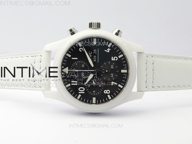 PILOT CHRONO IW389105 REAL WHITE CERAMIC TPSF 11 BEST EDITION BLACK DIAL ON WHITE LEATHER STRAP A7750