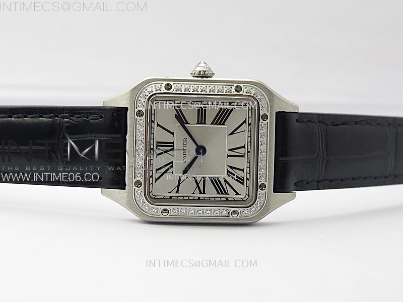 SANTOS DUMONT 38MM SSDIAMONDS BEZEL F1F BEST EDITION SILVER DIAL ON BLACK LEATHER STRAP QUARTZ