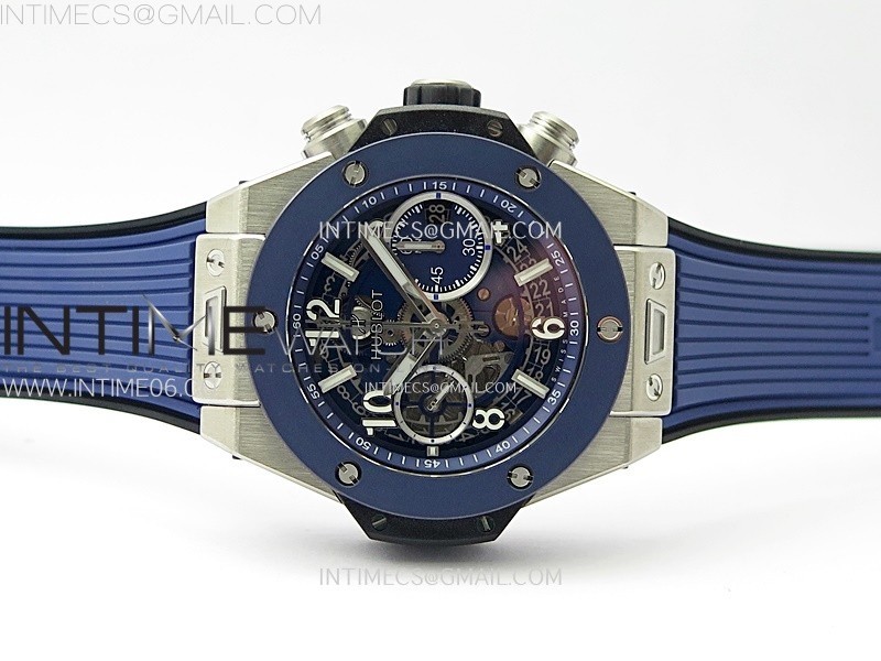 HUBLOT BIG BANG UNICO 42MM TITANIUMCERAMIC BEZEL BBF 11 BEST EDITION BLUE SKELETON DIAL ON BLUE RUBBER STRAP A1280