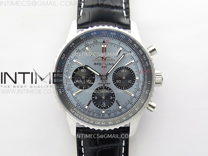 NAVITIMER B01 43MM SS BLSF 11 BEST EDITION ICE BLUE DIAL BLACK SUBDIALS ON BLACK LEATHER STRAP A7750