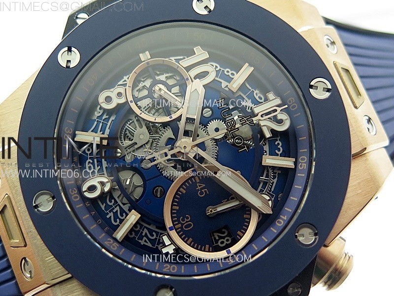 HUBLOT BIG BANG UNICO 42MM RGCERAMIC BEZEL BBF 11 BEST EDITION BLUE SKELETON DIAL ON BLUE RUBBER STRAP A1280