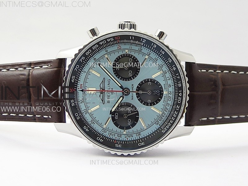 NAVITIMER B01 43MM SS B50 BEST EDITION ICE BLUE DIAL BLACK SUBDIAL ON BROWN LEATHER STRAP A7750